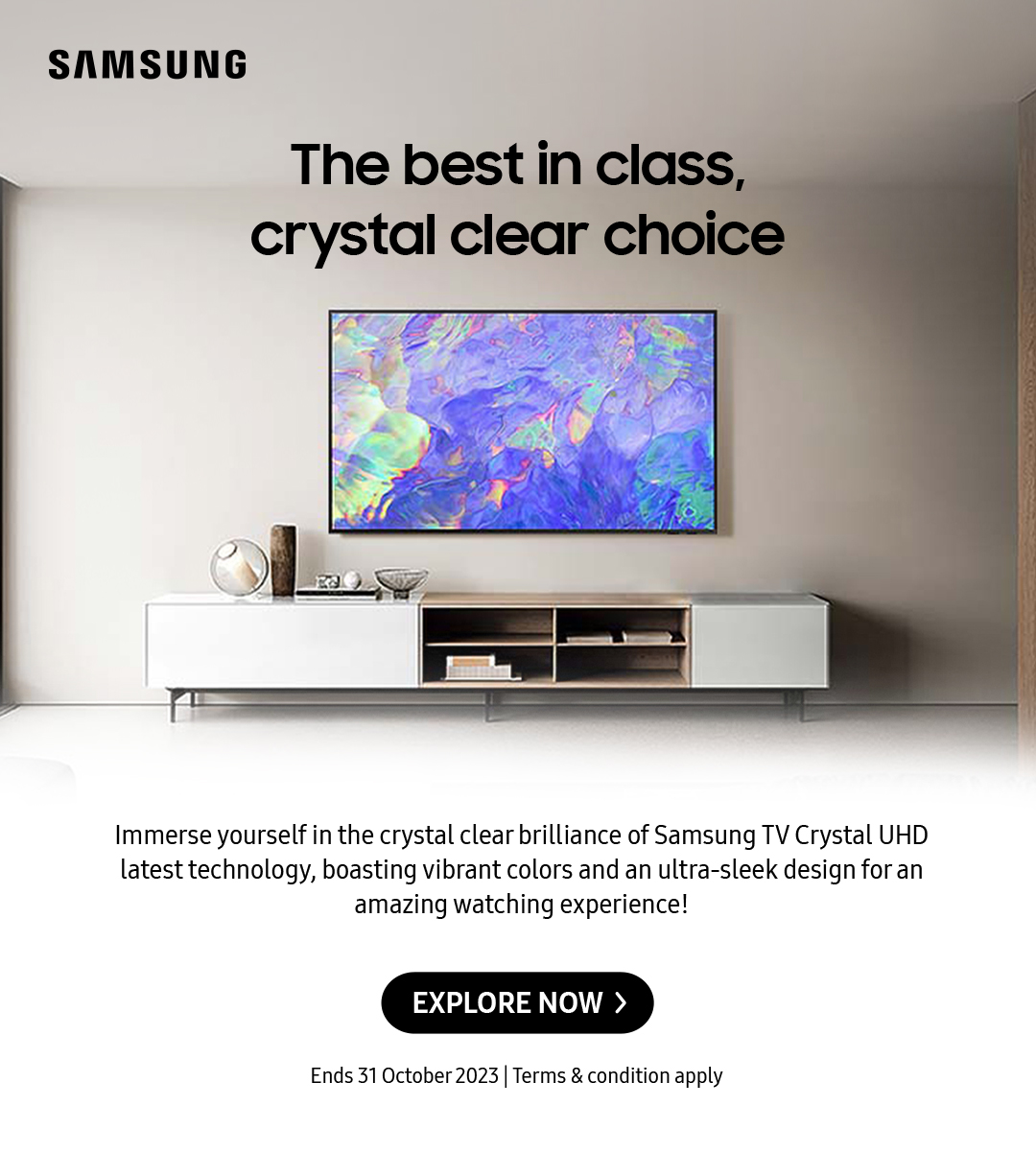 The best in class, crystal clear choice | Immerse yourself in the crystal clear brilliance of Samsung TV Crystal UHD latest technology, boasting vibrant colors and an ultra-sleek design for an amazing watching experience! Click here to explore now!
