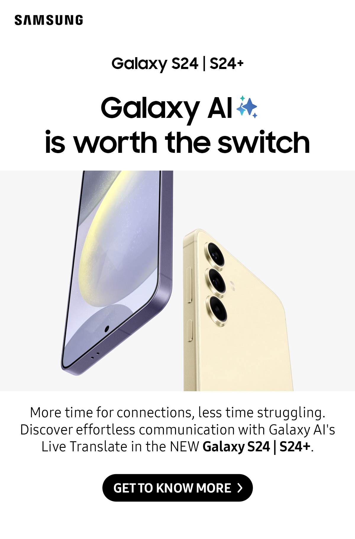 Galaxy AI is worth the switch | More time for connections, less time struggling. Discover effortless communication with Galaxy Al's Live Translate in the NEW Galaxy S24 Ultra.