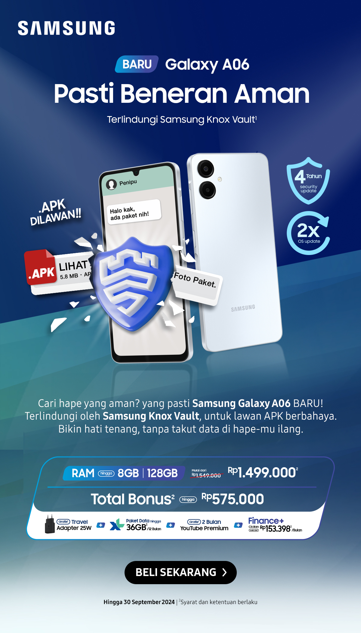 Pasti Beneran Aman | Cari hape yang aman? yang pasti Samsung Galaxy A06 BARU! Terlindungi oleh Samsung Knox Vault, untuk lawan APK berbahaya. Bikin hati tenang, tanpa takut data di hape-mu ilang.