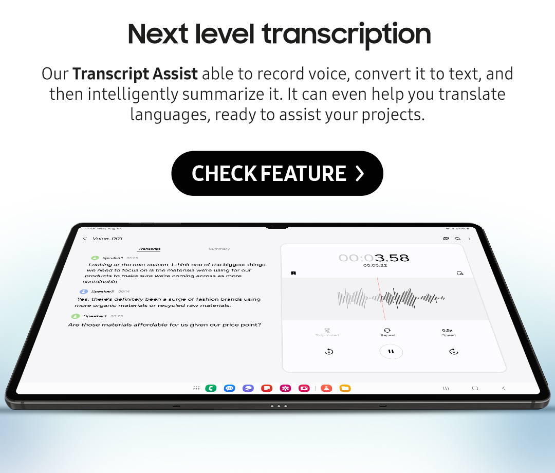 Next level transcription | Our Transcript Assist able to record voice, convert it to text, and then intelligently summarize it. It can even help you translate languages, ready to assist your projects.