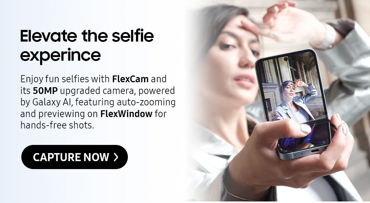 Elevate the selfie experience | Enjoy fun selfies with FlexCam and its 50MP upgraded camera, powered by Galaxy Al, featuring auto-zooming and previewing on FlexWindow for hands-free shots.